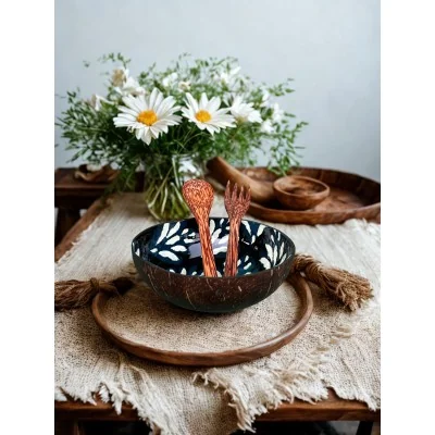 EcoServe Coconut Shell Salad Bowl Set - Blue Enamel